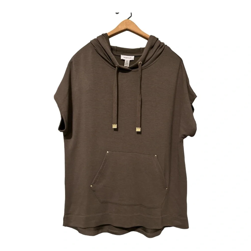 Calvin Klein Women's Hoodie Sweatshirt Short Sleeve Olive Green Pullover M‎